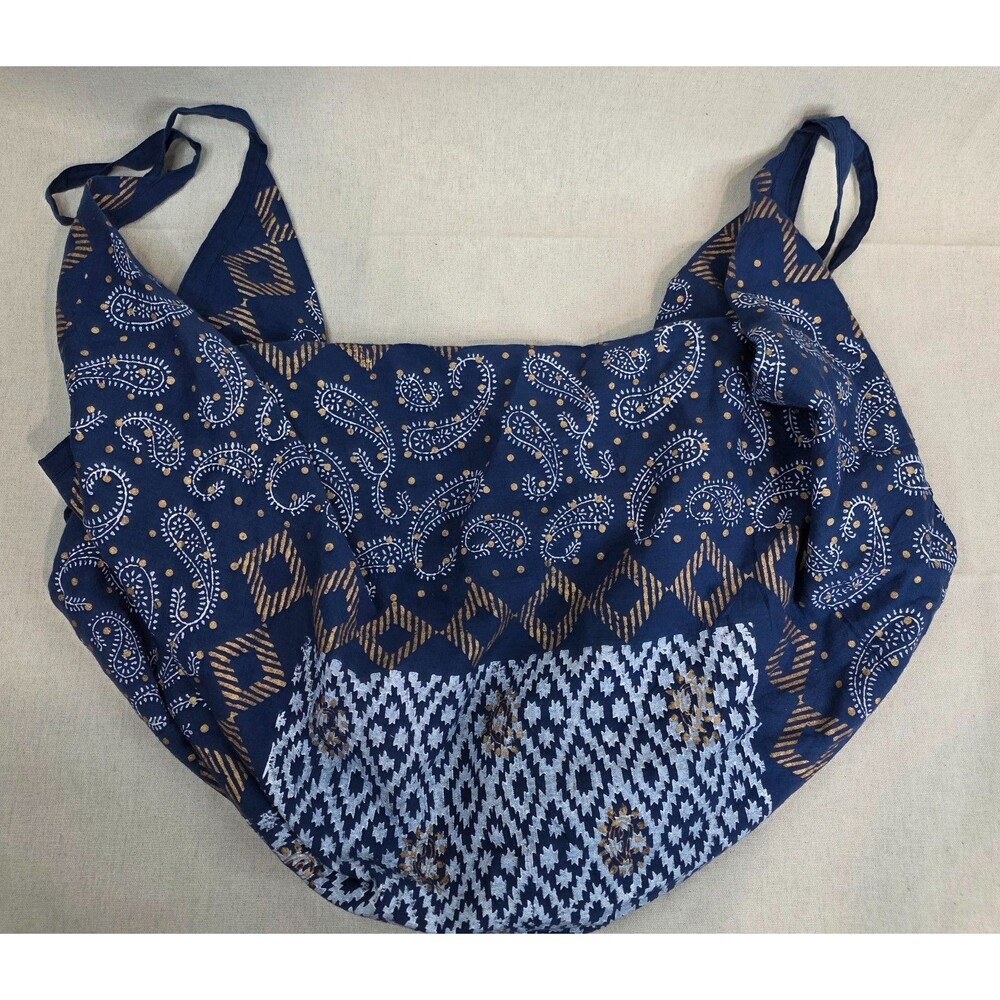 Macchia di Ruggine Blue Gold Boho Cotton Slouch Tote Bag Zip Closure